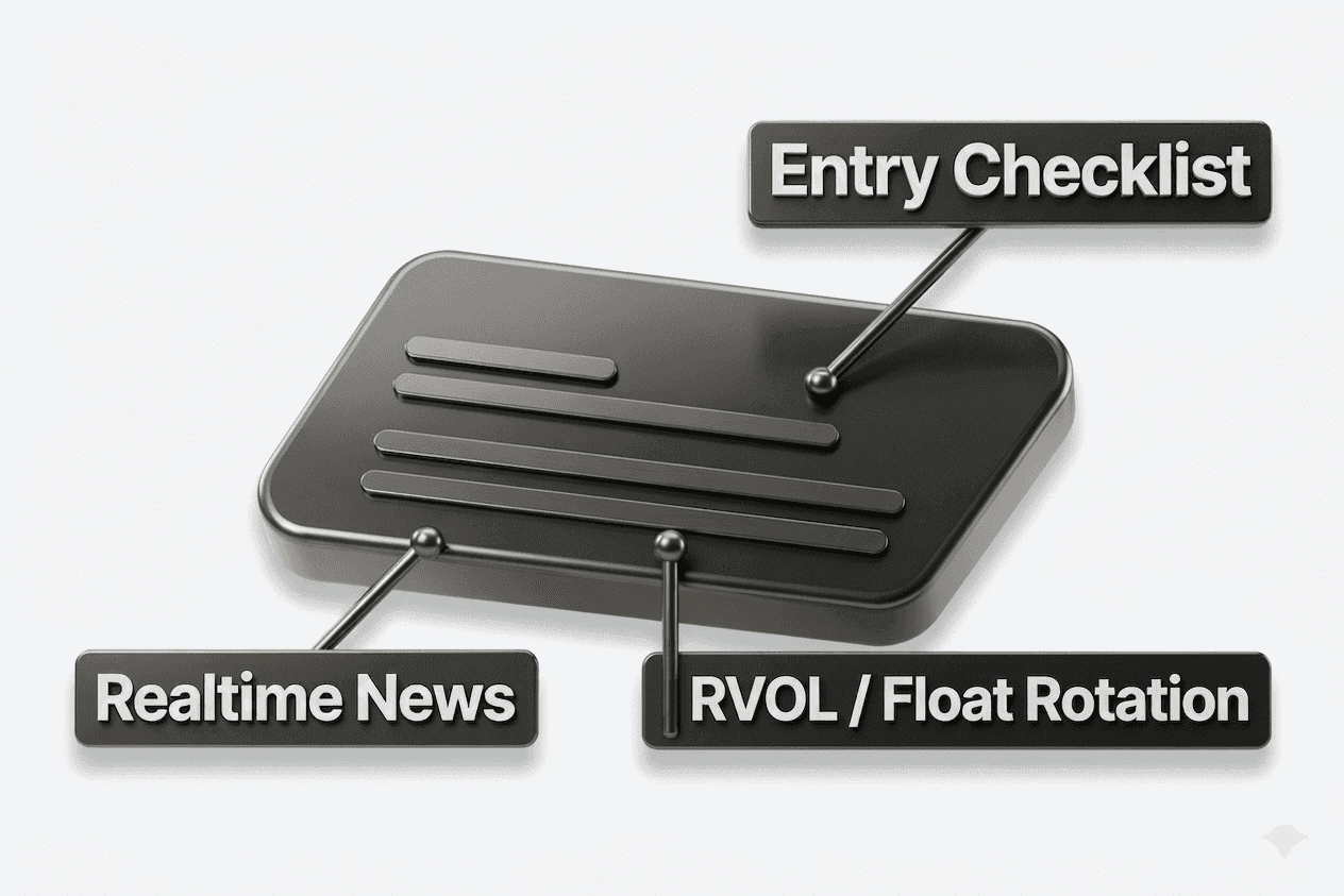 Stock card combining realtime news, relative volume, float rotation, and the entry checklist